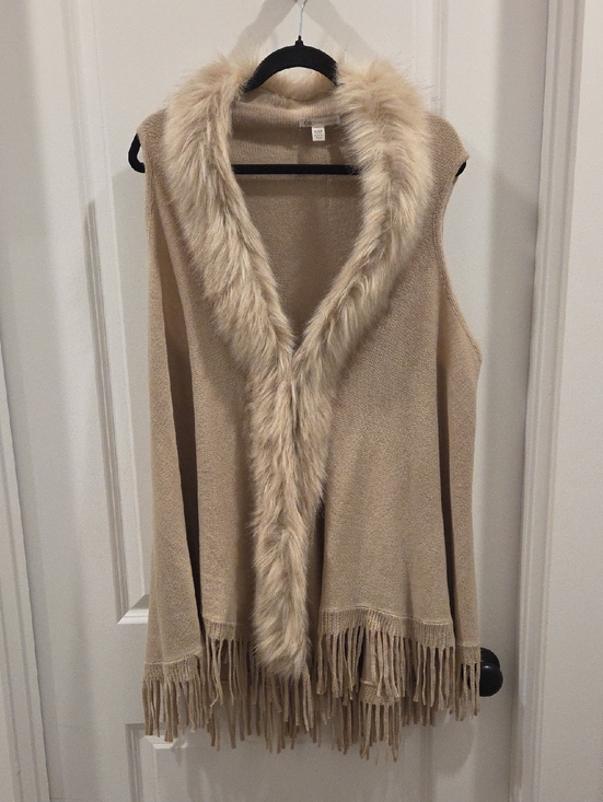 Cato Sweaters - Cato Beige Faux Fur Trim Sleeveless Fringe Sweater Vest
